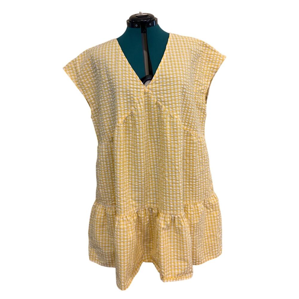 Time and Tru Women's Yellow Gingham V-Neck Woven Tiered Dress Plaid Tiered XL